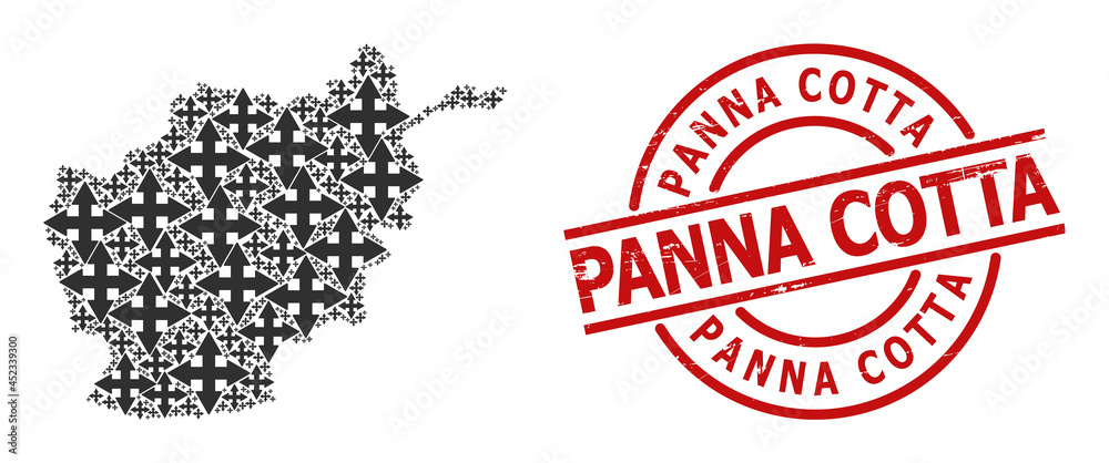 Textured Panna Cotta stamp, and expand arrows mosaic of Afghanistan map. Red round stamp contains Panna Cotta text inside circle. Afghanistan map mosaic is formed of expand arrows rotated parts. Textured Panna Cotta stamp, and expand arrows mosaic of Afghanistan map. Red round stamp contains Panna Cotta text inside circle. Afghanistan map mosaic is formed of expand arrows rotated parts.
