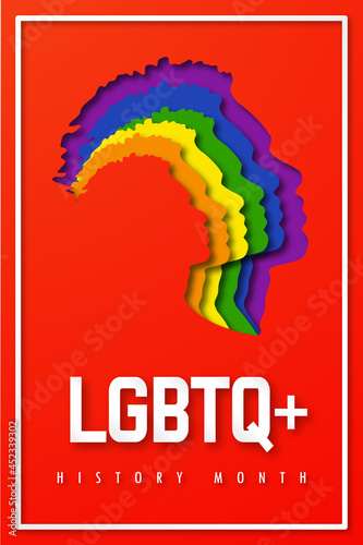 Poster LGBTQ+ HISTORY MONTH. People's faces look up in LGBT colors. Paper cut. Minority problem. PRIDE parade. Coexistence harmony and multicultural community integration. Illustration 2