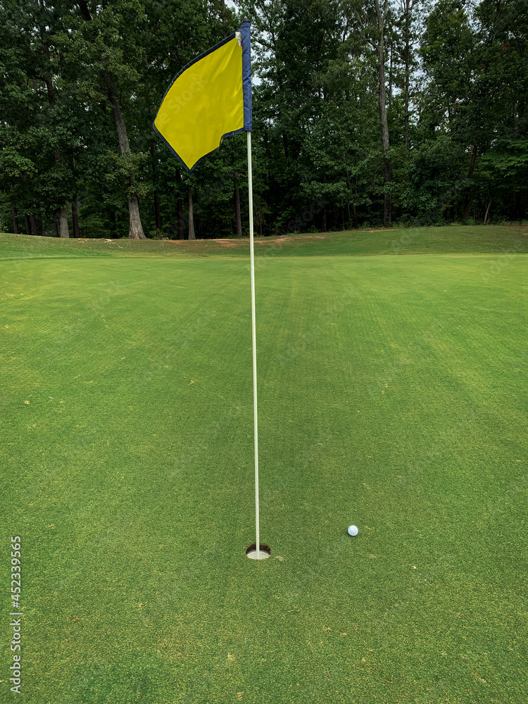 Obraz premium Golf ball on the green close to the hole with a yellow flag in it.