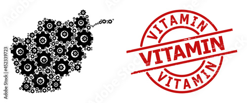 Scratched Vitamin stamp, and gear mosaic of Afghanistan map. Red round stamp has Vitamin text inside circle. Afghanistan map mosaic is designed of gear rotated parts.