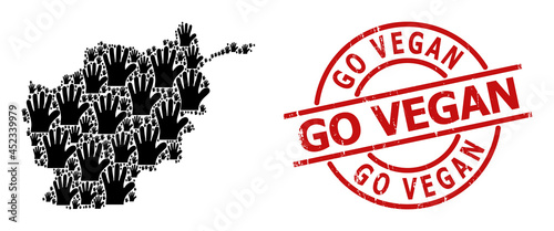 Scratched Go Vegan stamp seal, and hand palm mosaic of Afghanistan map. Red round stamp seal includes Go Vegan title inside circle. Afghanistan map mosaic is made of hand palm rotated parts.