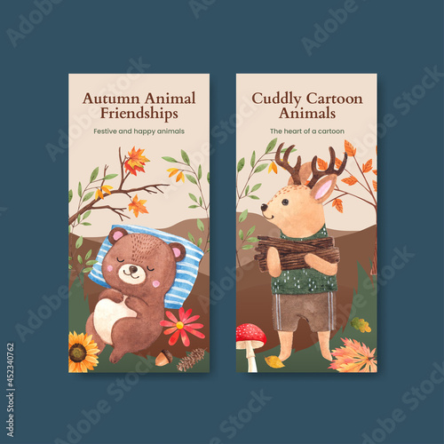 Flyer template with autumn animal concept watercolor style