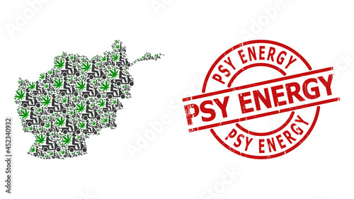Grunge Psy Energy badge, and marijuana motorbike delivery mosaic of Afghanistan map. Red round seal includes Psy Energy title inside circle.