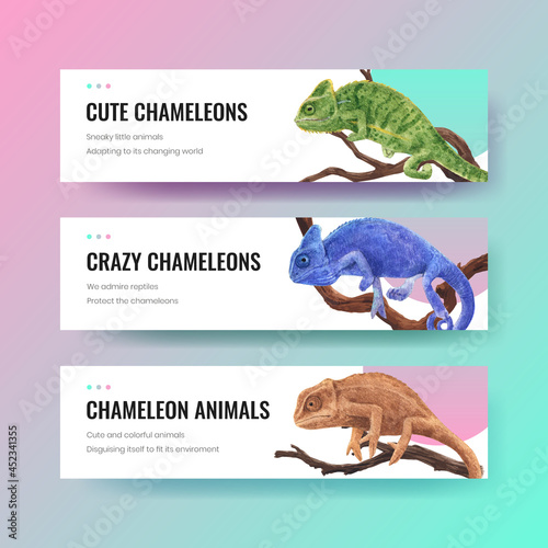 Banner template with chameleon lizard concept,watercolor style