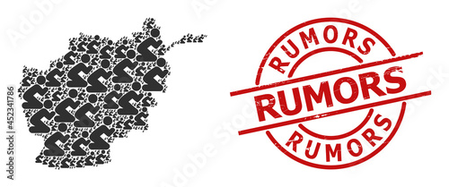 Grunge Rumors badge, and praying man mosaic of Afghanistan map. Red round badge has Rumors caption inside circle. Afghanistan map mosaic is formed of praying man rotated items.