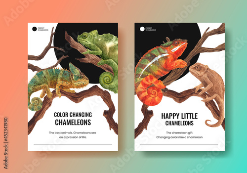 Poster template with chameleon lizard concept,watercolor style