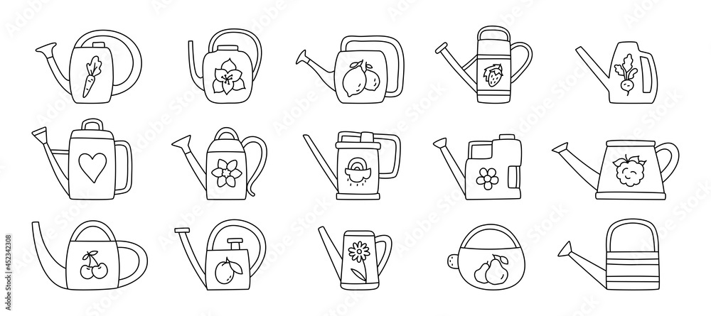 Watering can sketch set. Doodle black line vector illustration. Editable path Watering can sketch set. Doodle black line vector illustration. Editable path