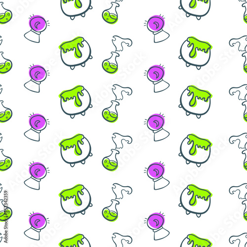 Vector Halloween seamless pattern with witch's cauldron, bottle of potion, fortune telling ball without a background