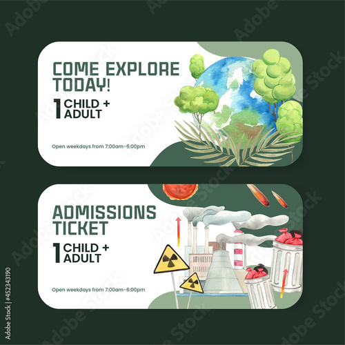 Ticket template with world ozone day concept,watercolor style