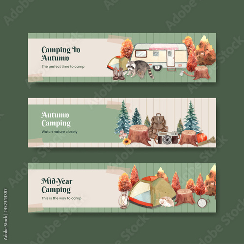 Banner template with autumn camping concept,watercolor style