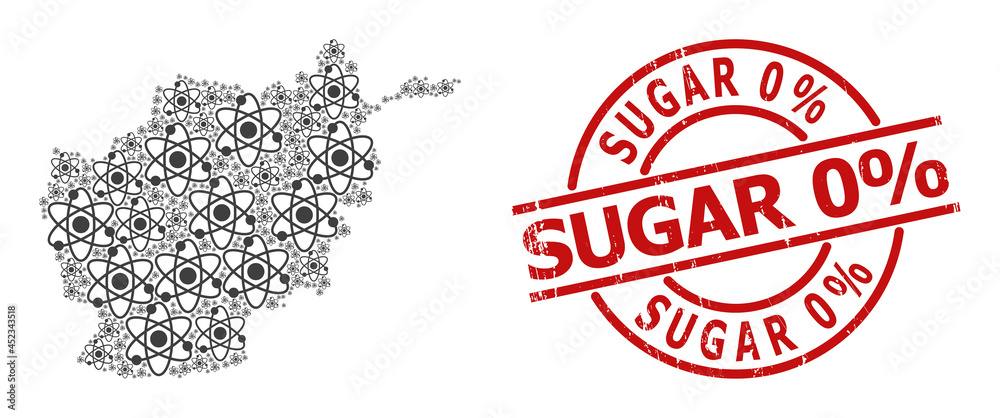 Distress Sugar 0% stamp seal, and atom electrons mosaic of Afghanistan map. Red round stamp seal has Sugar 0% caption inside circle. Distress Sugar 0% stamp seal, and atom electrons mosaic of Afghanistan map. Red round stamp seal has Sugar 0% caption inside circle.