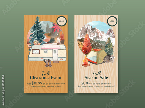 Instagram template with autumn camping concept,watercolor style