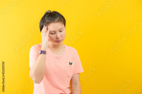 Closeup photo of amazing short hairdo lady looking up empty space deep thinking creative person arm on yellow color background