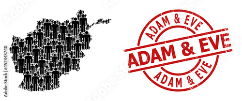 Textured Adam & Eve stamp seal, and man figure collage of Afghanistan map. Red round stamp seal includes Adam & Eve text inside circle. Afghanistan map collage is done with man figure rotated items.