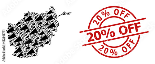 Textured 20% Off seal, and marketing horn mosaic of Afghanistan map. Red round seal has 20% Off caption inside circle. Afghanistan map mosaic is made with marketing horn rotated elements.