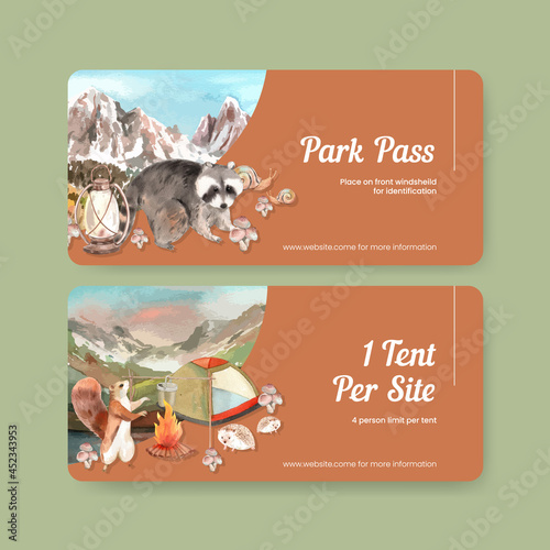 Ticket template with autumn camping concept,watercolor style