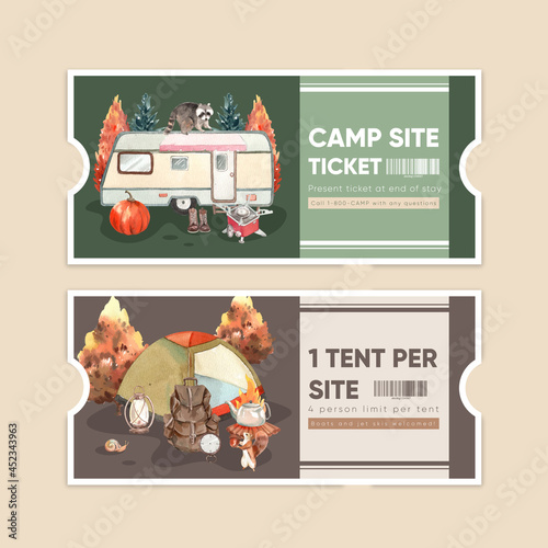 Ticket template with autumn camping concept,watercolor style