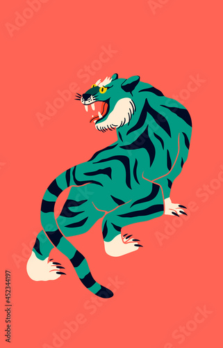 Hand drawn isolated abstract green tiger. Tiger walk. Japanese or Chinese oriental style. Hand drawn colored Vector illustration. Print, logo, poster template, tattoo idea. Symbol of 2022 new year