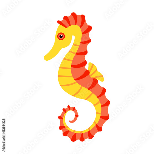 An illustration of a cartoon style yellow sea horse. Isolated on white. Underwater animal. photo