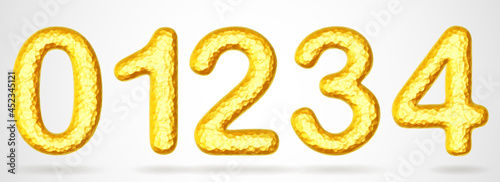 Set of golden 3D numbers. Shiny realistic gold nuggets in shape of digits zero, one, two, three, four with shadows. Golden set for luxury and richness concepts, part 1 of 2. Vector illustration.