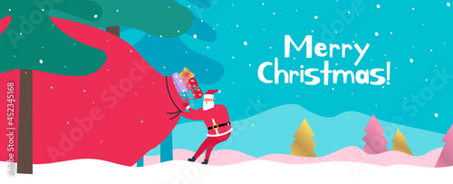 merry christmas and happy new year . santa claus pulling  huge gift bag from winter forest .  vector illustration
