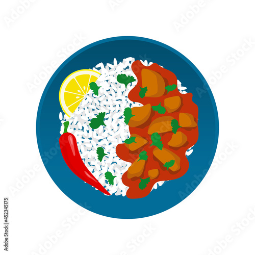chicken curry with rice sauce lemon chili pepper in plate indian food vector illustration top view 
