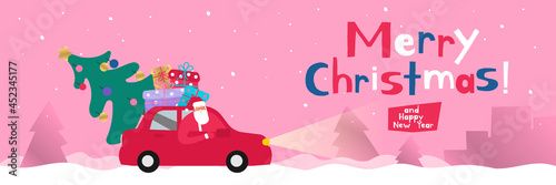 Merry Christmas and Happy New Year  Santa Claus driving red car with spruce and gift boxes vector illustration © tarikdiz