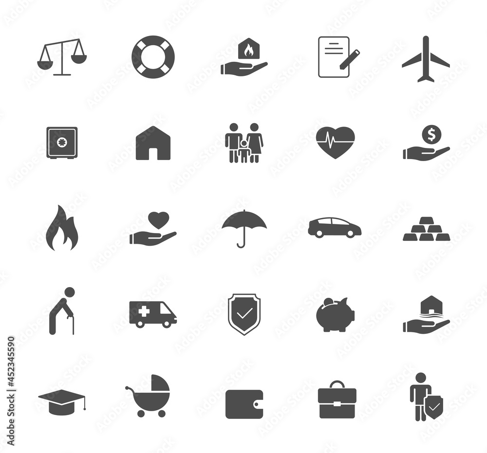 insurance silhouette vector icons isolated on white. insurance icon set for web, mobile apps, ui design and print insurance silhouette vector icons isolated on white. insurance icon set for web, mobile apps, ui design and print