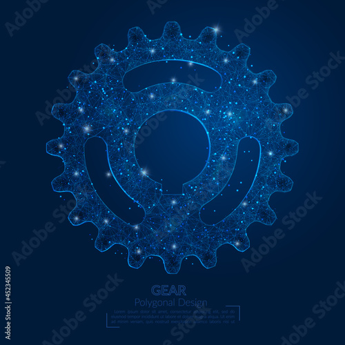 Abstract isolated blue image of a gear. Polygonal illustration looks like stars in the blask night sky in spase or flying glass shards. Digital design for website, web, internet