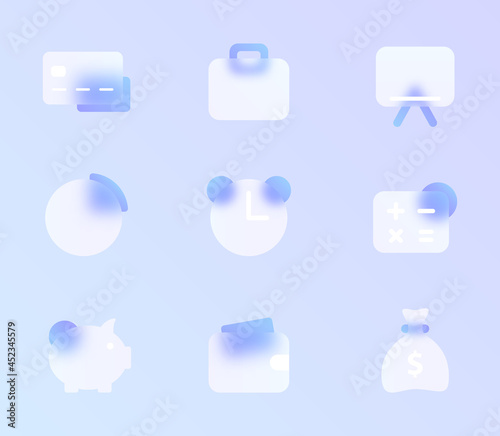 business glass morphism trendy style icon set. business transparent glass color vector icons with blur and purple gradient. for web and ui design, mobile apps and promo business polygraphy