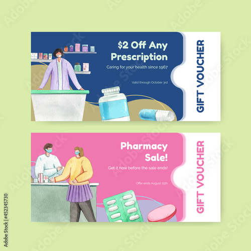 Voucher template with world pharmacists day concept,watercolor style