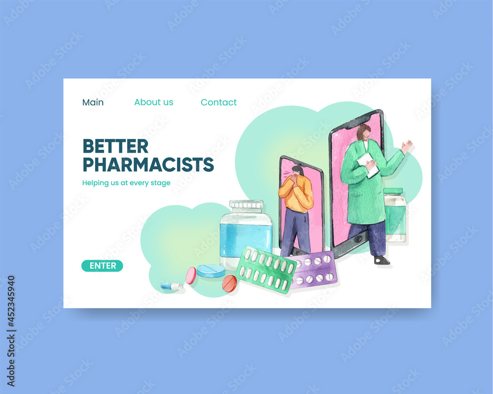 Website template with world pharmacists day concept,watercolor style