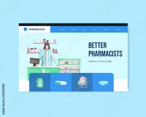 Website template with world pharmacists day concept,watercolor style