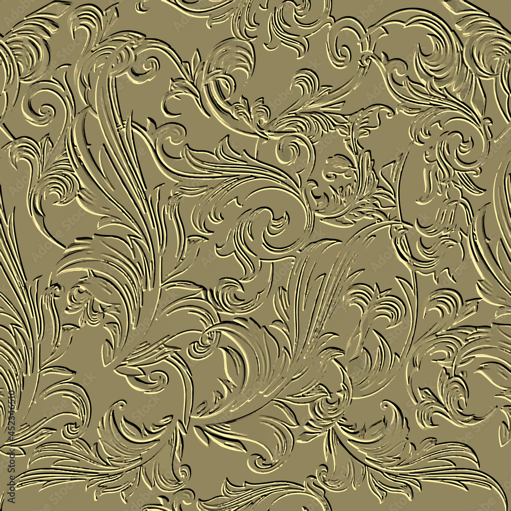 Embossed 3d floral seamless pattern. Vintage emboss textured background. Damask grunge repeat backdrop. Surface relief Baroque style ornaments with embossing effect. Vintage flowers, lines, leaves
