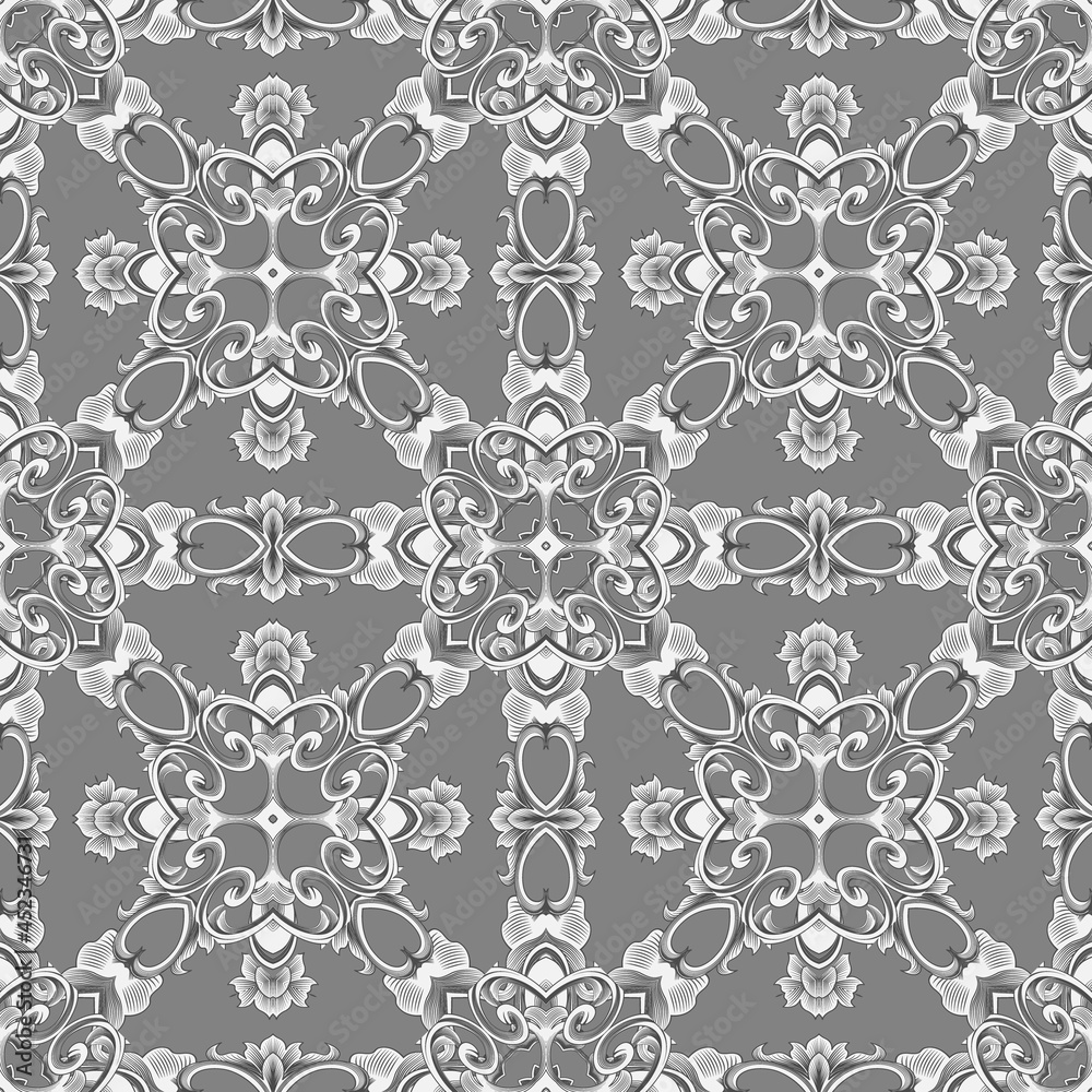 Vintage Baroque style seamless pattern. Ornamental lacy grey background. Vector repeat backdrop. Arabesque Damask lace ornaments. Modern design with elegance flowers, leaves, lines. Endless texture