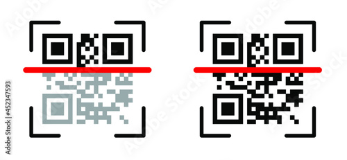 Scan me, QR code scanning icon. Mobile phone qr code payment, E wallet, cashless, info concept or scanner labeled information identity products. Flat vector pixel pictogram sign.