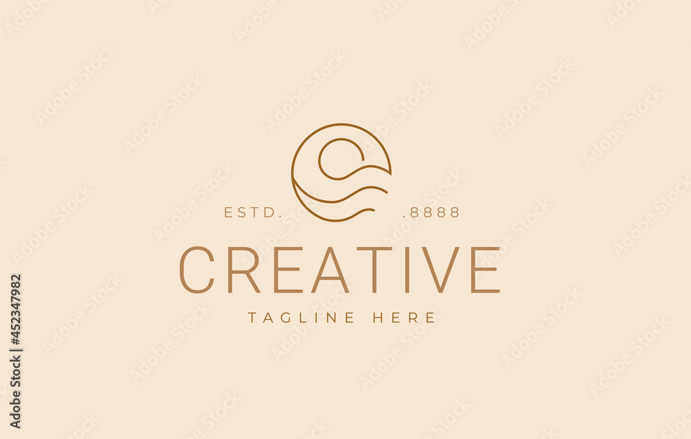 High Tide Sea logo design. Vector illustration of abstract wave with moon view. Vintage logo design vector line icon template