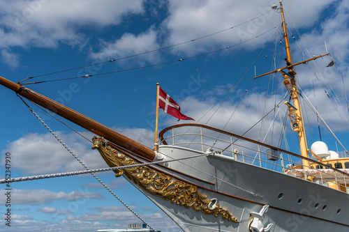 Her Danish Majesty's Yacht Dannebrog moors at Aarhus port, August 21, 2021 in Aarhus, Denmark