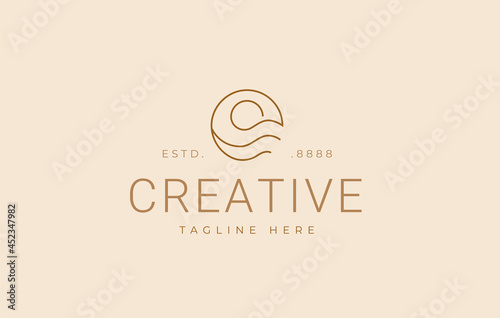 High Tide Sea logo design. Vector illustration of abstract wave with moon view. Vintage logo design vector line icon template