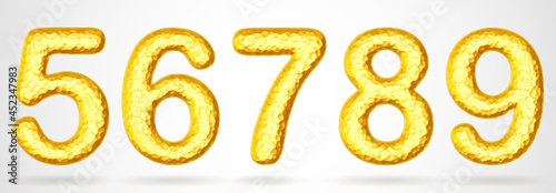 Set of golden 3D numbers. Shiny realistic gold nuggets in shape of digits five, six, seven, eight, nine with shadows. Golden set for luxury and richness concepts, part 2 of 2. Vector illustration.