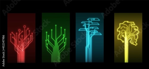 neon trees stylized as a microcircuit.stylized trees in red, green, blue and yellow.