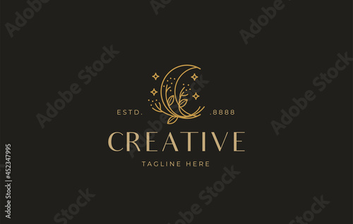 Moon Nature Lines Logo Design Template. Moon with some beautiful plant twig decorations. Creative Vector Icon Design Concept.