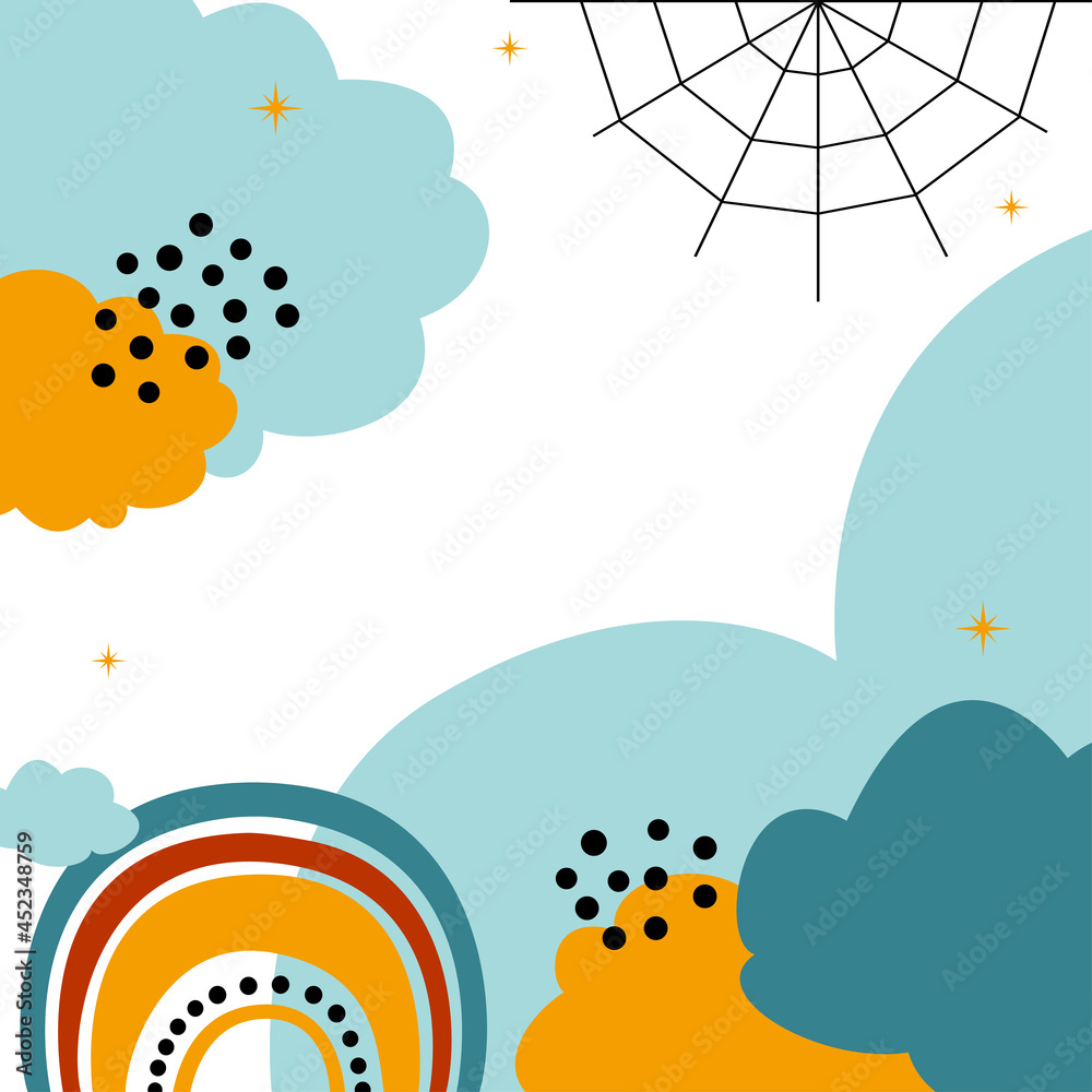 Cute background for halloween. Clouds, rainbow and cobweb. Simple flat vector elements for design