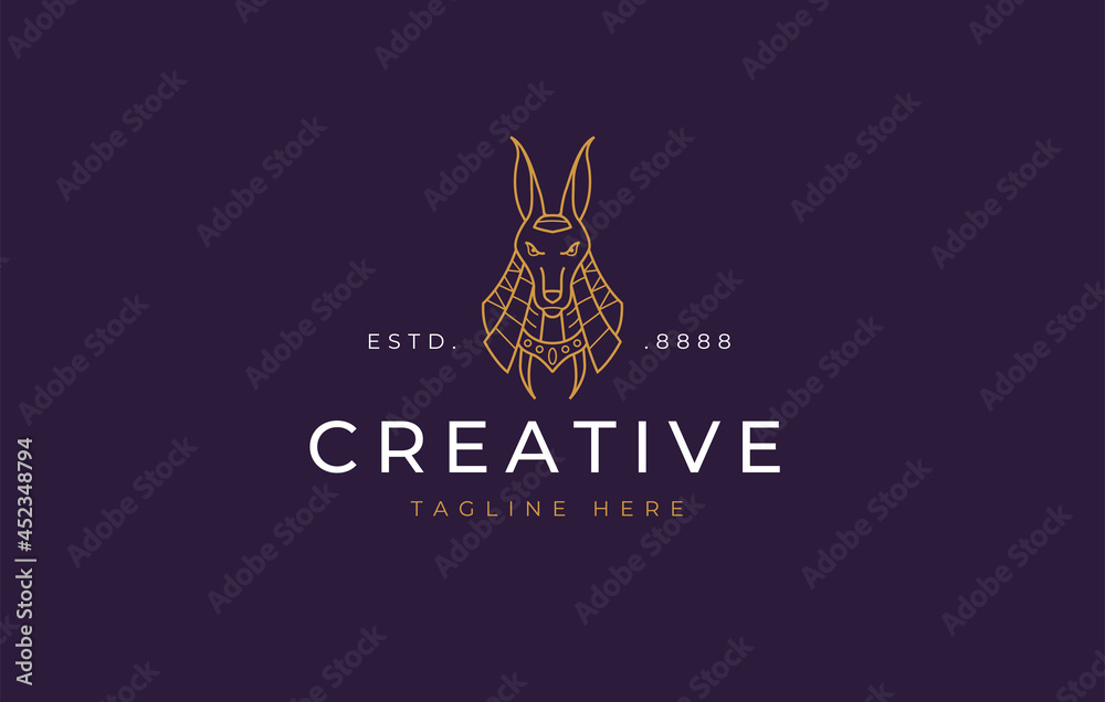 Anubis Logo Design Template. Egyptian dog mythological animal line design. Creative Vector Icon Concept. - obrazy, fototapety, plakaty 