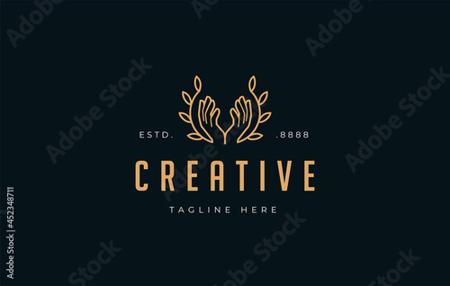 Aesthetic hands with branch logo design. Vector illustration of hands with plant branch. Modern vintage icon design template with line art style.