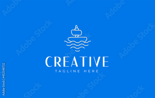 Rock Balancing Ship Logo Design Template. The balanced stacked stone design resembles a ship in the vast ocean. Creative Vector Icon Design Concept.