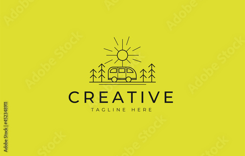 Camper Adventure Van Logo Design Template. Summer camp line design. Creative Vector Icon Concept.