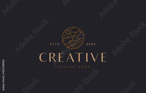 Mountain Beach Scenery Logo Design Template. Pyramid and summer waves. Creative Line Vector Icon Concept.