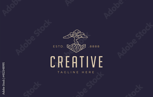 Bonsai Plant Logo Design Inspiration. Vector illustration of unique bonsai and layered soil. Modern Icon Design Vector Template with Line Style