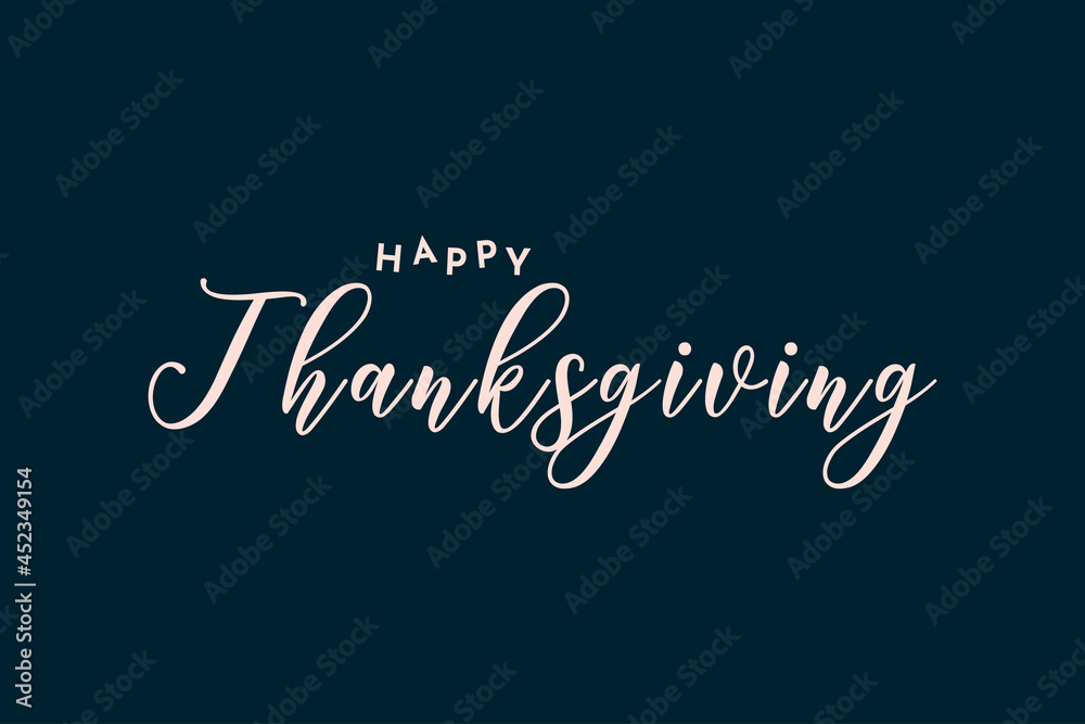 Happy Thanksgiving hand written calligraphic text, vector illustration. Script stroke, simple minimalistic calligraphic words isolated on blue background, for web banners, greeting cards.